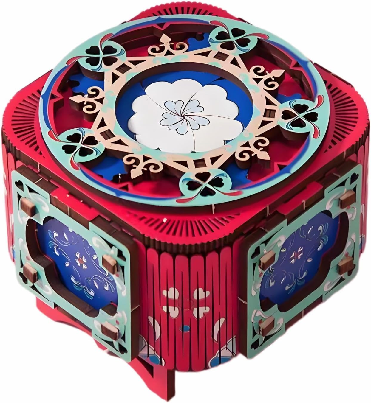 3D Wooden Puzzle Music Box with Light-Up Four-Leaf Clover, DIY Mechanical Model Kit, Desktop Decorative Jewelry Box, Birthday Gift (Rose red)