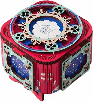 3D Wooden Puzzle Music Box with Light-Up Four-Leaf Clover, DIY Mechanical Model Kit, Desktop Decorative Jewelry Box, Birthday Gift Rose red