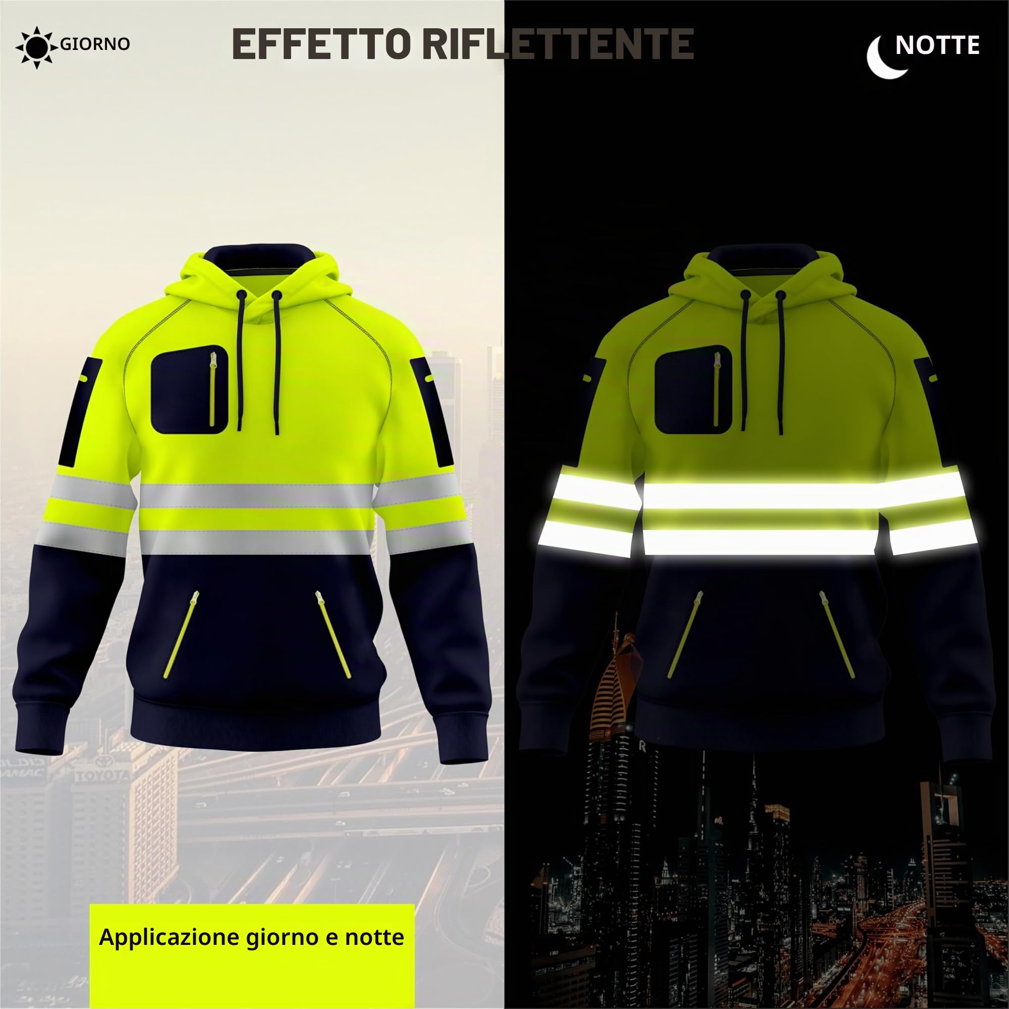 Felpa da lavoro da uomo ad alta visibilità, con cappuccio di sicurezza, con nastro riflettente, ad alta visibilità, con tasche multiple con cerniera, S-2XL