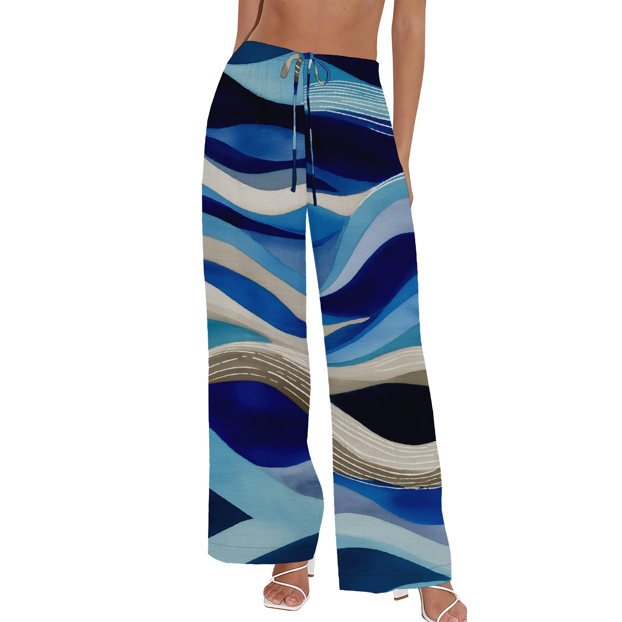 Womens Elastic High Waisted Palazzo Pants Drawstring Casual Stretchy Trousers Loose Wide Leg Lounge Pants with Pockets