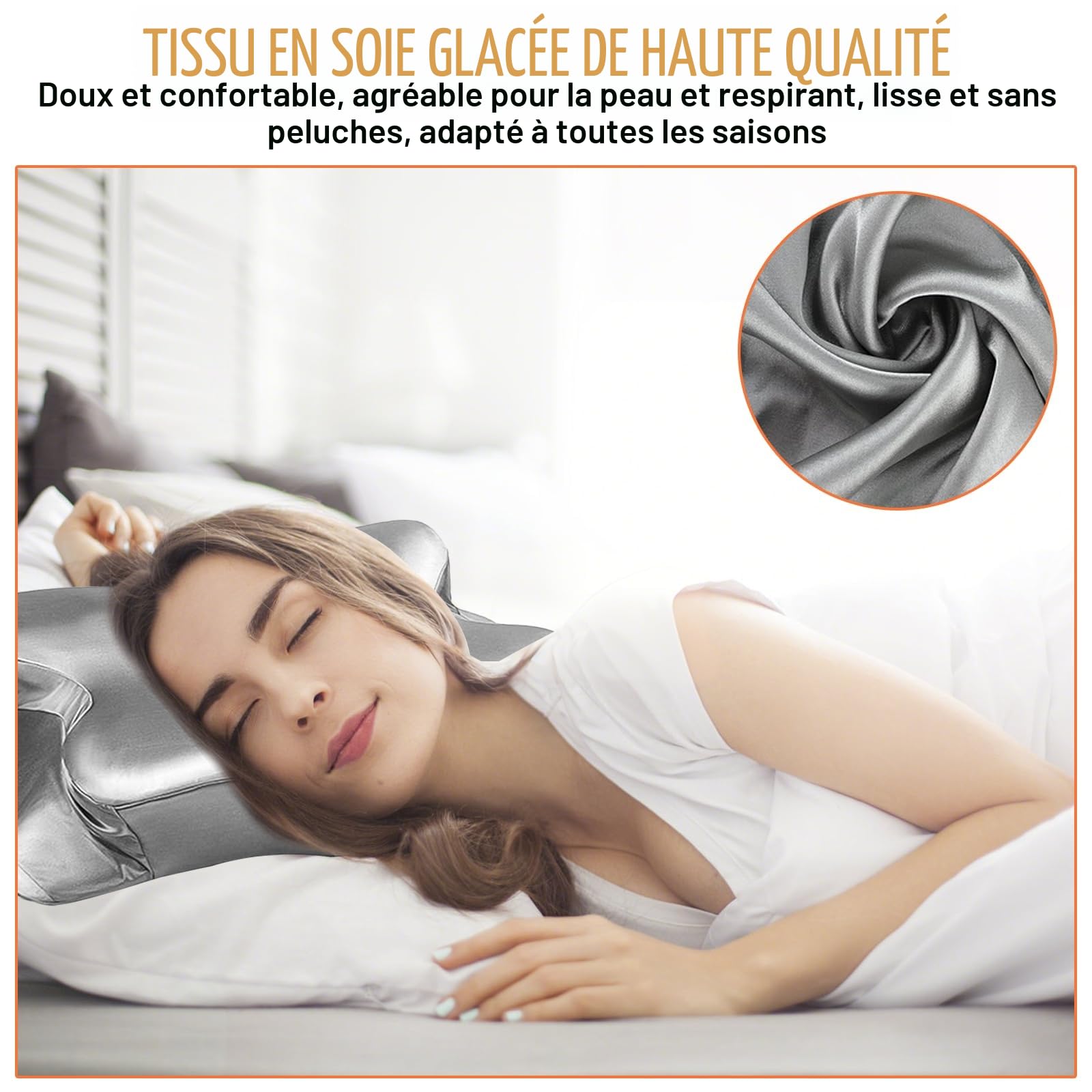 Taie d'oreiller Cervicale, Oreiller Cervical Ergonomique, Taie d'oreiller en Satin, Taie Oreiller Orthopédique Cervicales en Soie pour Position Couchée et Latérale | Housse de coussin en satin pour coussin de soutien cervical JK79, argenté (seulement pour