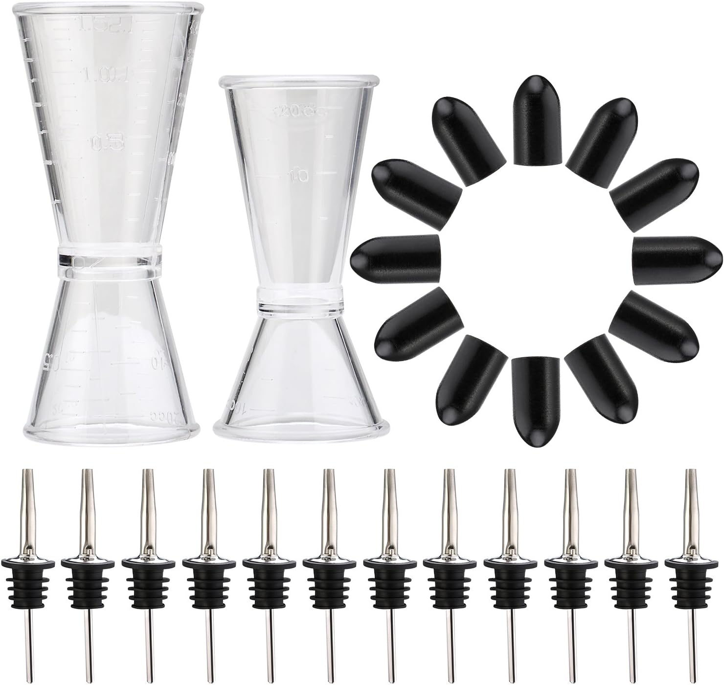 Bartender Pour Kit - Measuring Jigger Shot Cups (2) + Bottle Pourers (12) + Pourer Tip Covers (12)