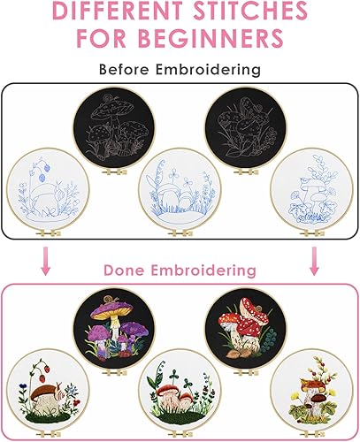 Miniatura 3 de TINDTOP Kit de bordado para adultos para principiantes, 5 juegos de bordado de hongos para principiantes, incluye aros de tela bordada, hilos para