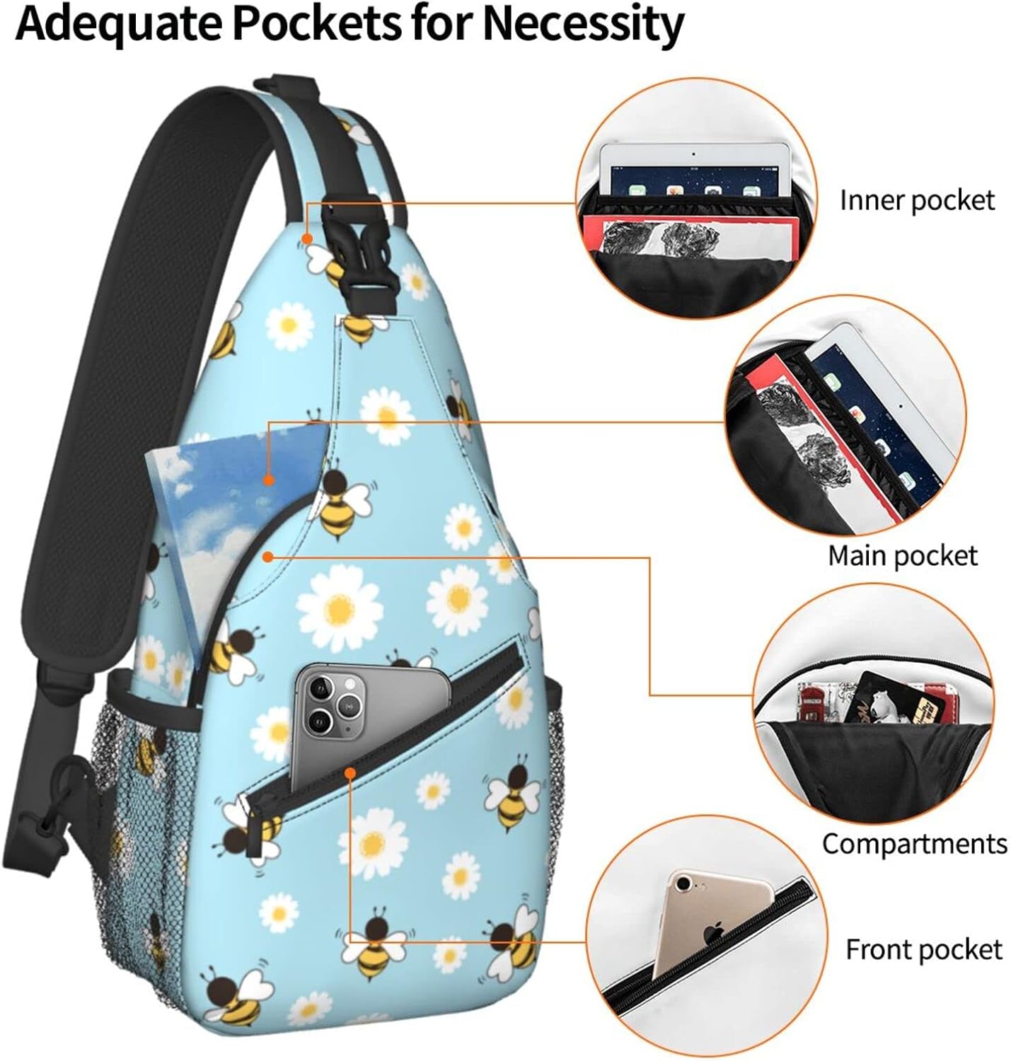 bassyil Bees Flower Sling Bag Crossbody Travel Hiking Chest Backpack Shoulder Daypack for Women Men One Size - Image 5