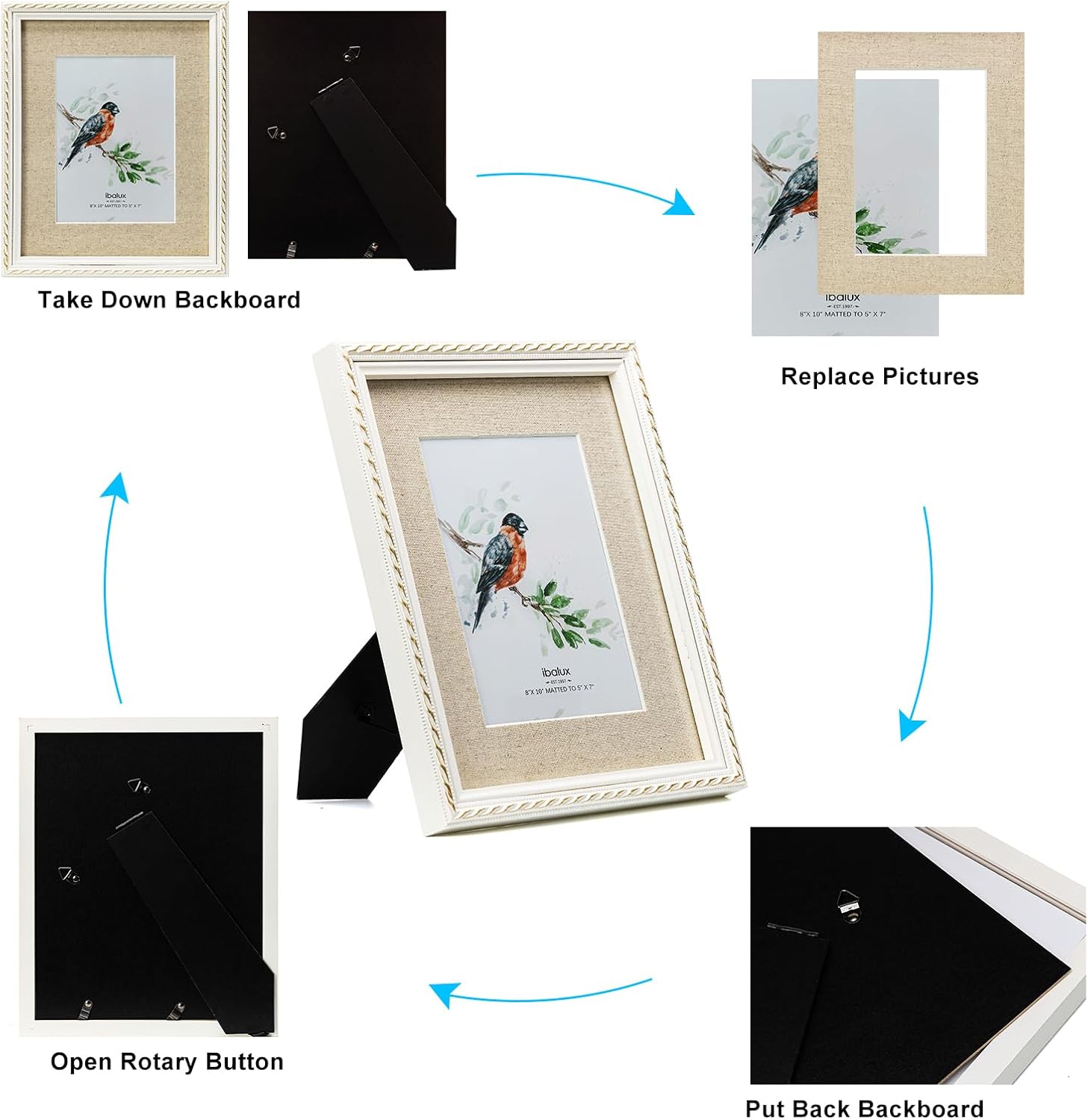 8x10 Picture Frame Pine Wood with Real Glass, Gold-Toned Synthetic Rope Edging, Linen Matted to 5x7, Vertical and Horizontal for Tabletop or Wall Hanging, White