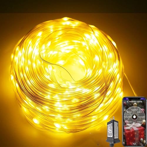 YASENN Guirnalda de luz de alambre de PVC de 98 pies, 300 LED Bluetooth, controlada por aplicación, luces LED inteligentes impermeables para