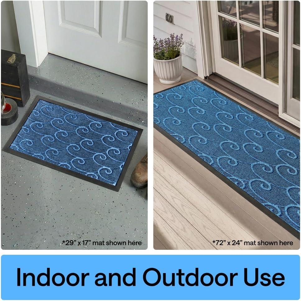 GORILLA GRIP 100% Waterproof All-Season WeatherMAX Doormat 35x23, US Designed Natural Rubber, Stain and Fade Resistant, Low Profile Indoor Outdoor Door Mats, Easy Clean Patio Mat, Ocean Blue Waves