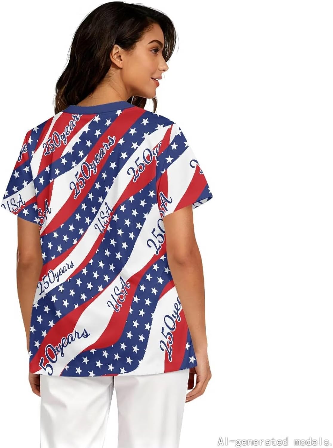 Scrub Tops for Women, Printed Soft Stretch V-Neck & Short Sleeve Nurse Uniform Shirts with 2 Pockets