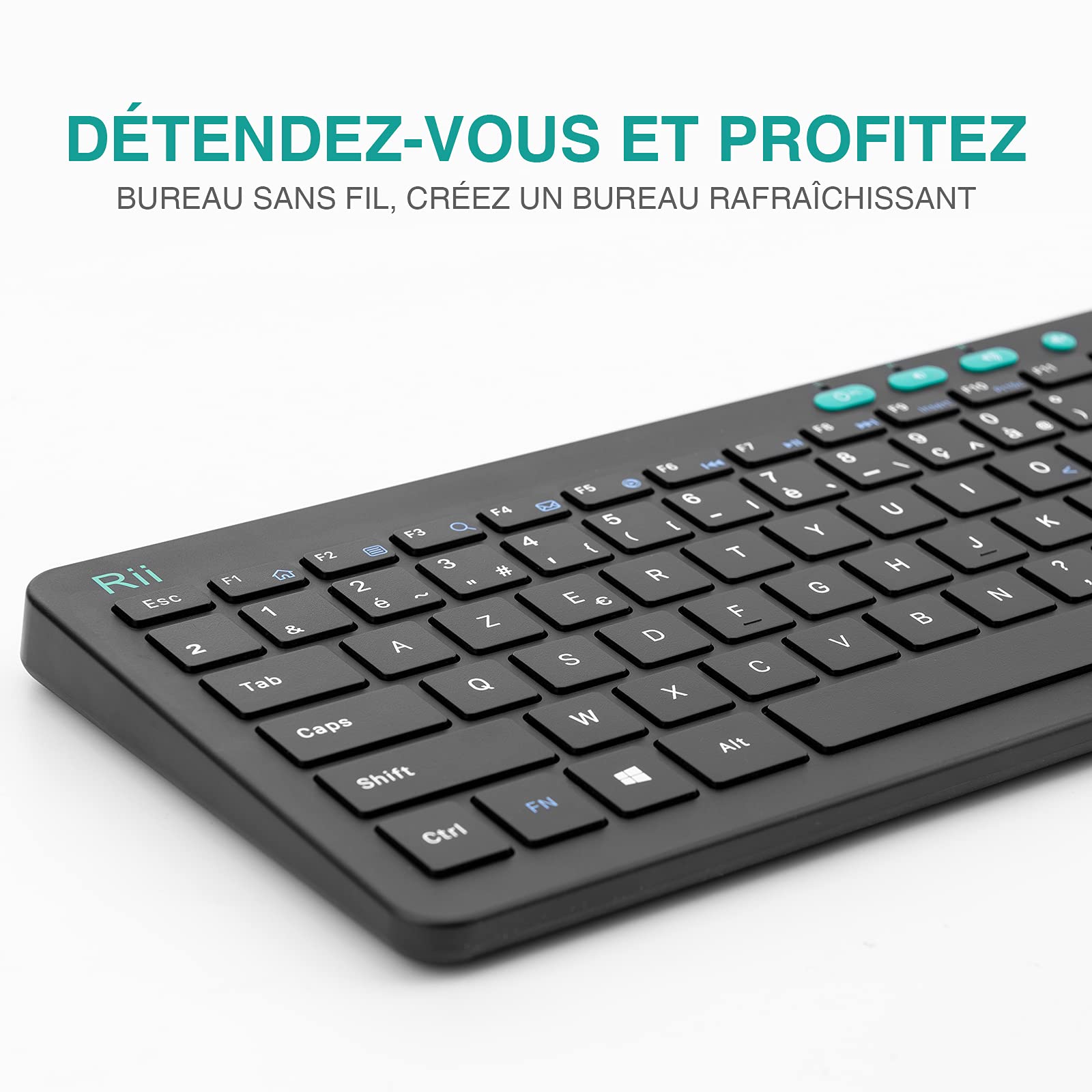 Rii Élite Combo sans Fil | Clavier Souris sans Fil PC/Ordinateur Portable | Clavier Ergonomique Trousse Main | Souris Optique 3 DPI Réglables | Molette Silencieuse | Design Français Élégant Noir