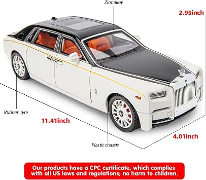 imtfzct 1/18 Rolls Royce Phantom model car, alloy die-casting collectible trolley toy car, classic two-door model car, logo foldable, gift(white)