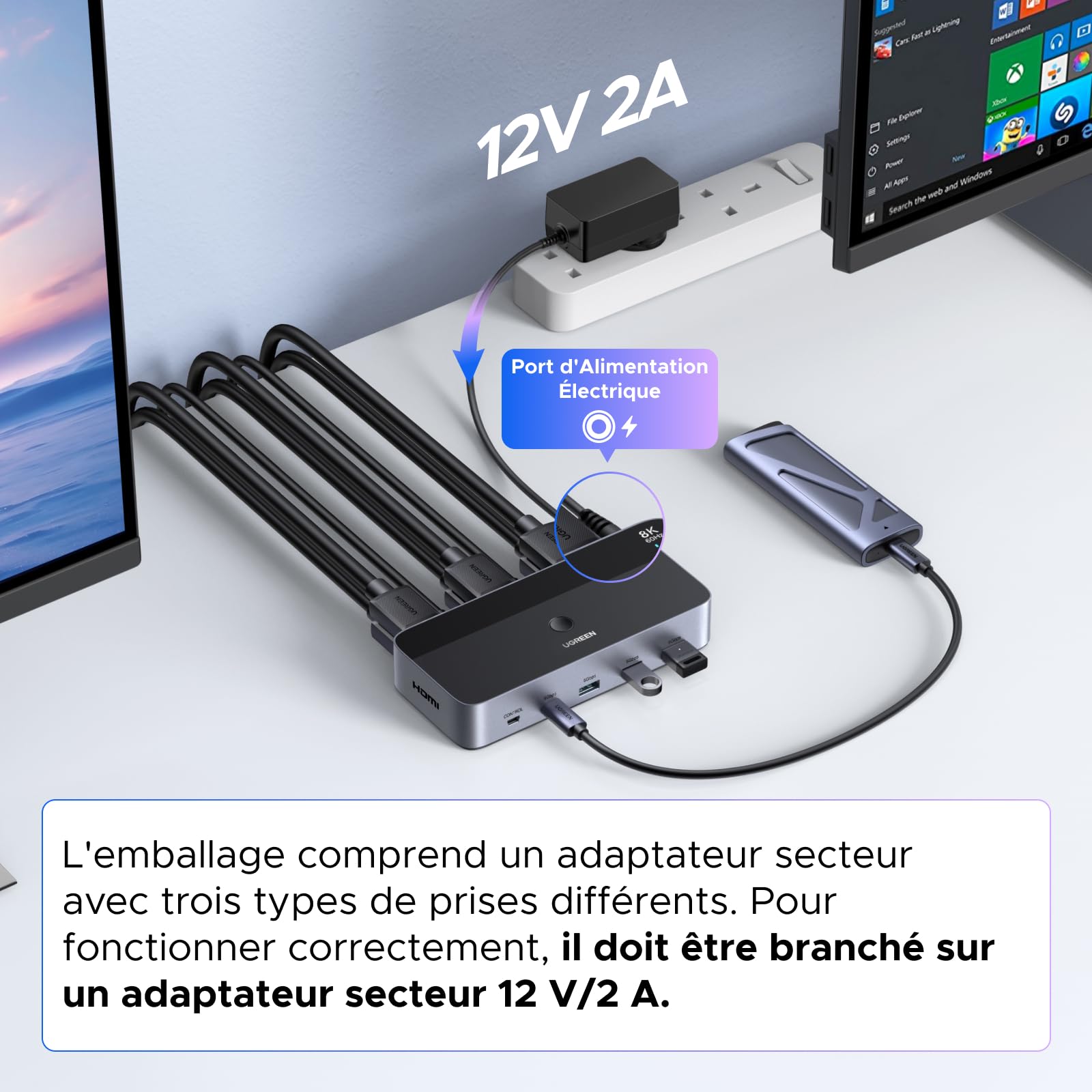 UGREEN Switch HDMI KVM 2 Entrées 2 Sorties 8K 60Hz pour 2 Affichage | Commutateur KVM avec 4 Ports USB 3A1C 5Gbps pour Clavier Souris Disque Dur Contrôleur de Bureau Câbles HDMI 2.1 Inclus