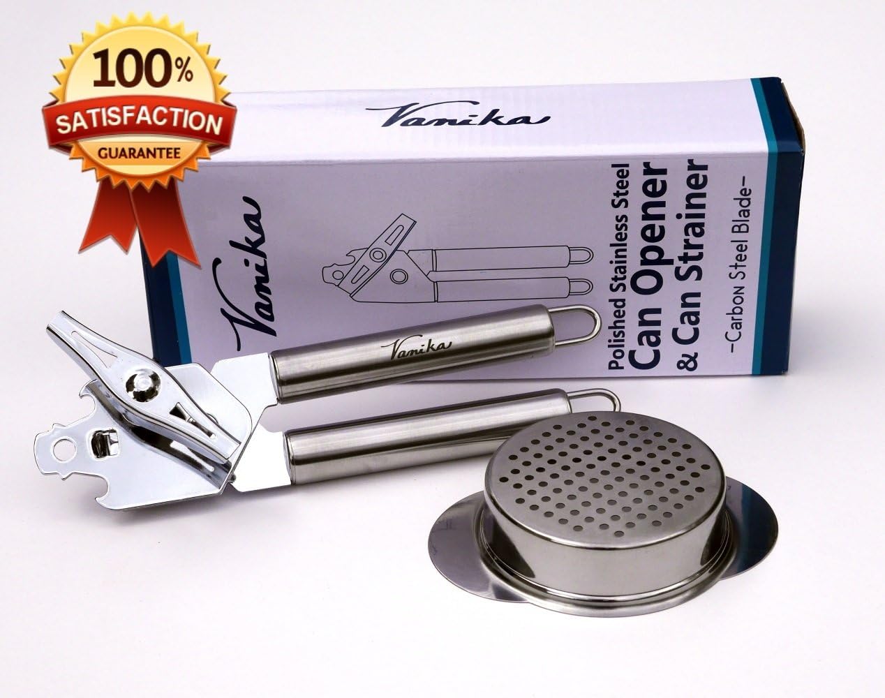 Stainless Steel Can Opener with Carbon Steel Blade and Can Strainer