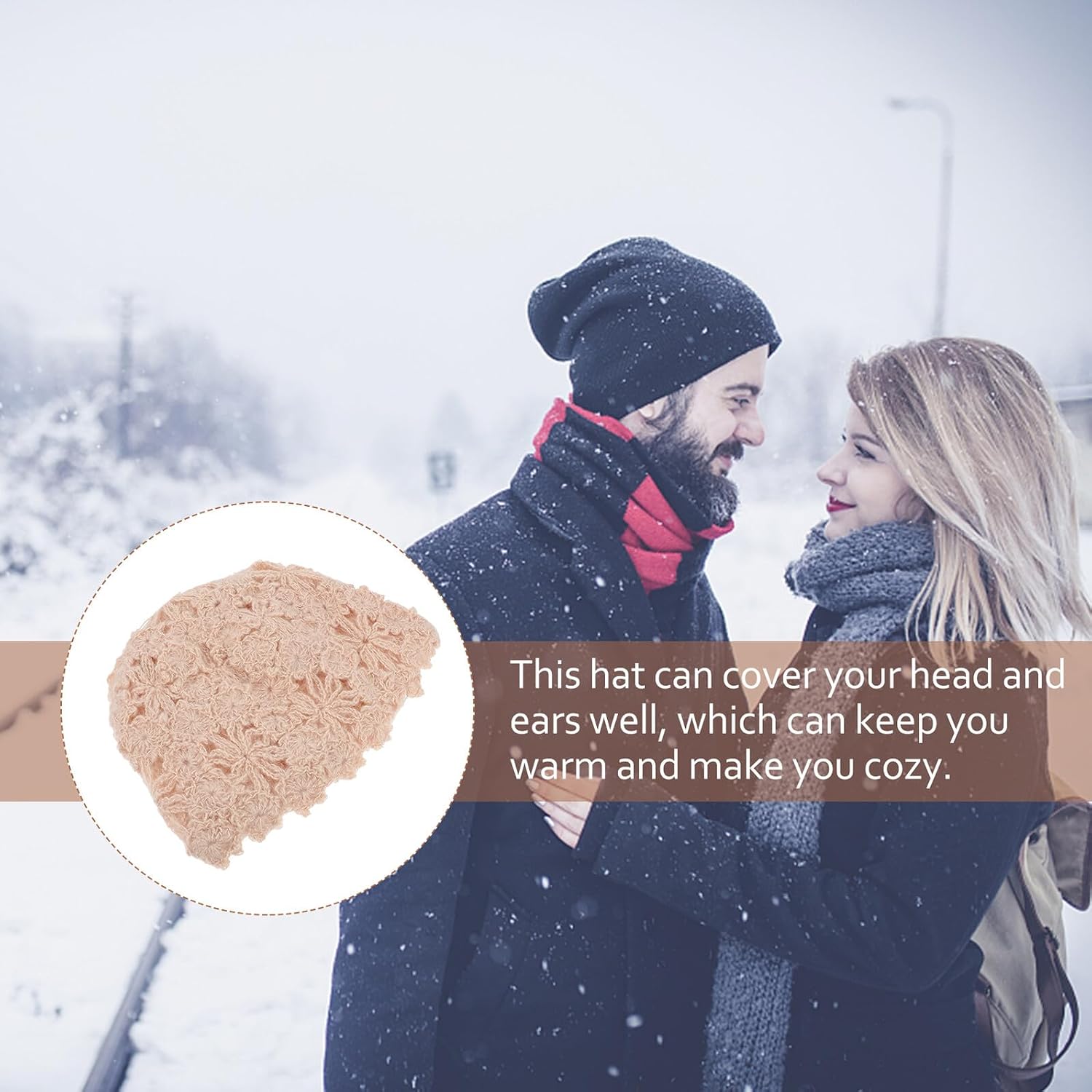 ARTIBETTER Flower Hollow Knitted Beret Hat Women Warm Ear Protection Winter Outdoor Fashion Bowler Cap Beige
