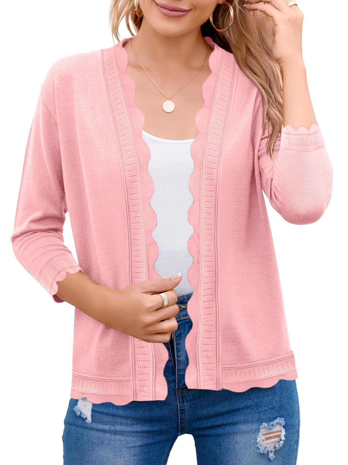 BeautyNee Women's 3/4 Sleeve Summer Cardigan Lightweight Open-Front Cropped Knit Shrug Sweater Casual Spring Shirts