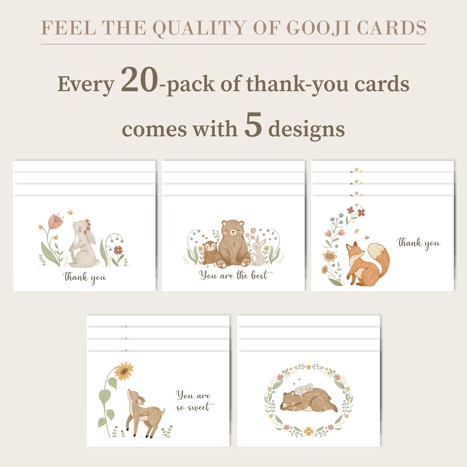 Gooji 4x6 Woodland Thank You Cards with Envelopes (Bulk 20-Pack) Matching Peel-and-Seal Envelopes Assorted Bulk, Watercolor Birthday Party, Baby Shower, Weddings, Greeting, Blank Notes Stationary - Image 3