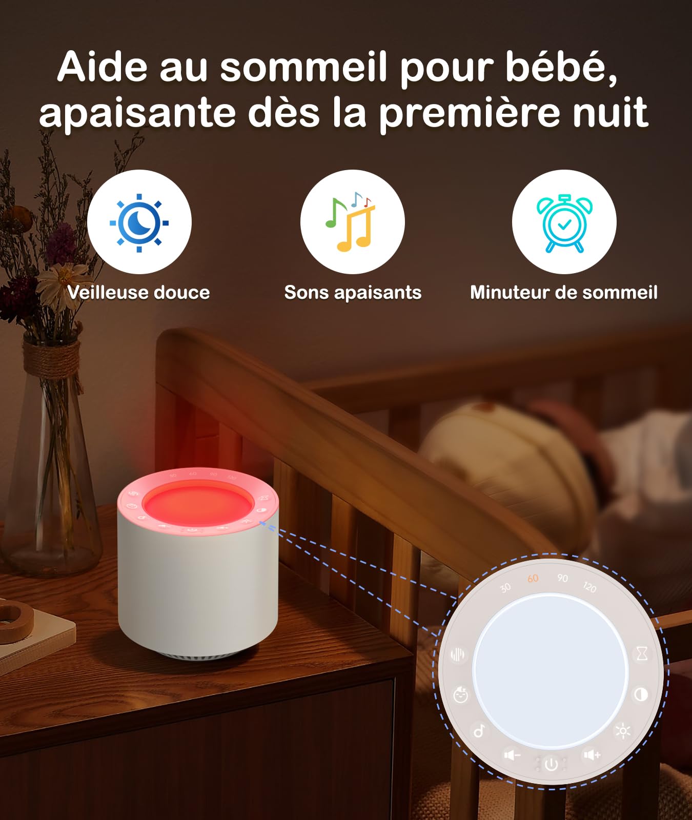 JBER Sleep Sound Machine à bruit blanc avec thérapie par lumière rouge, 38 sons apaisants avec fonction mémoire, veilleuse à intensité variable avec minuterie pour bébés et adultes