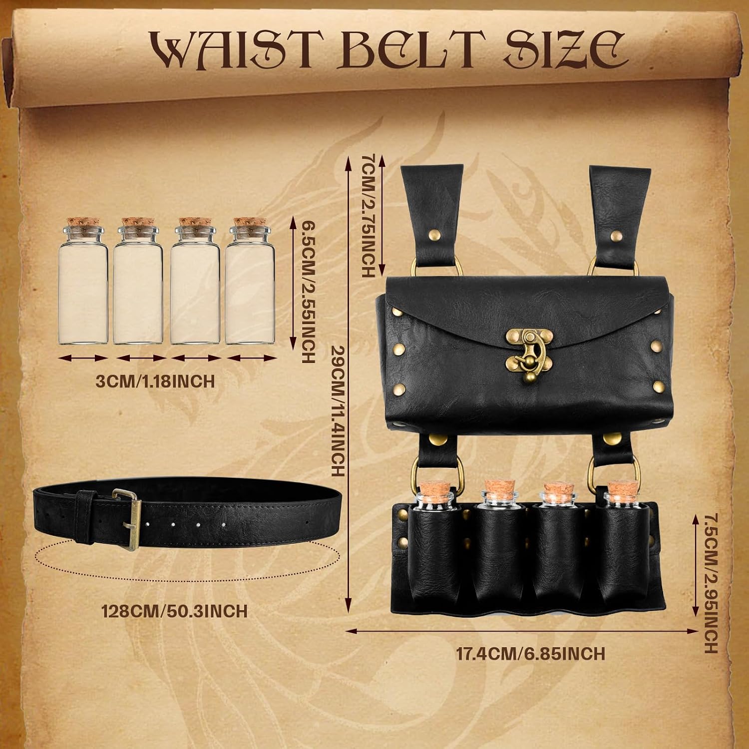 Medieval Alchemy Faux Leather Belt Bag with, Fantasy Wizard Renaissance Waist Pouches for Halloween Cosplay Costume (Black-4 Bottles) image 5