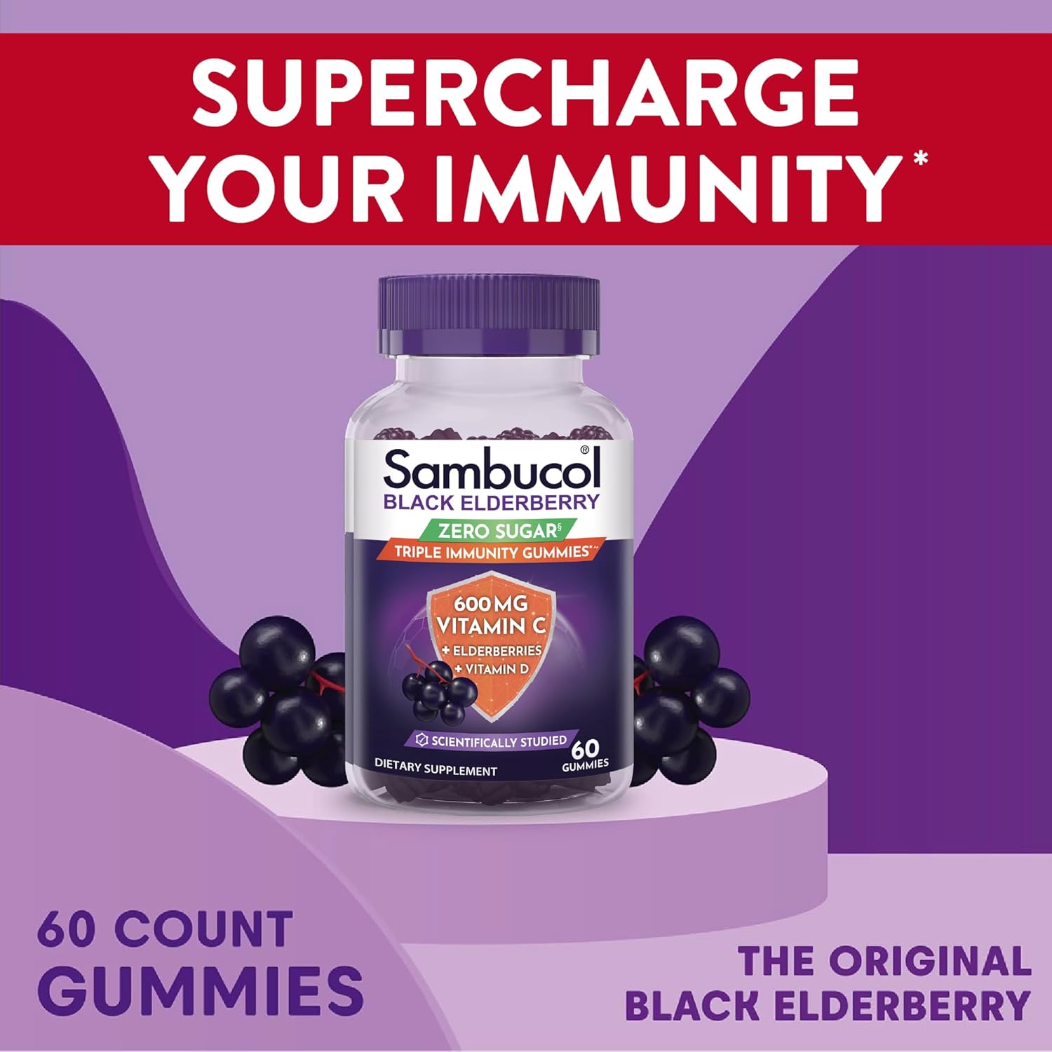 Sambucol Black Elderberry Zero Sugar Triple Immunity Gummies - Daily Vitamin C & Vitamin D, Sugar Free Black Elderberry Gummies for Adults and Kids, Chewable Berry Supplement - 60 Count - Image 4