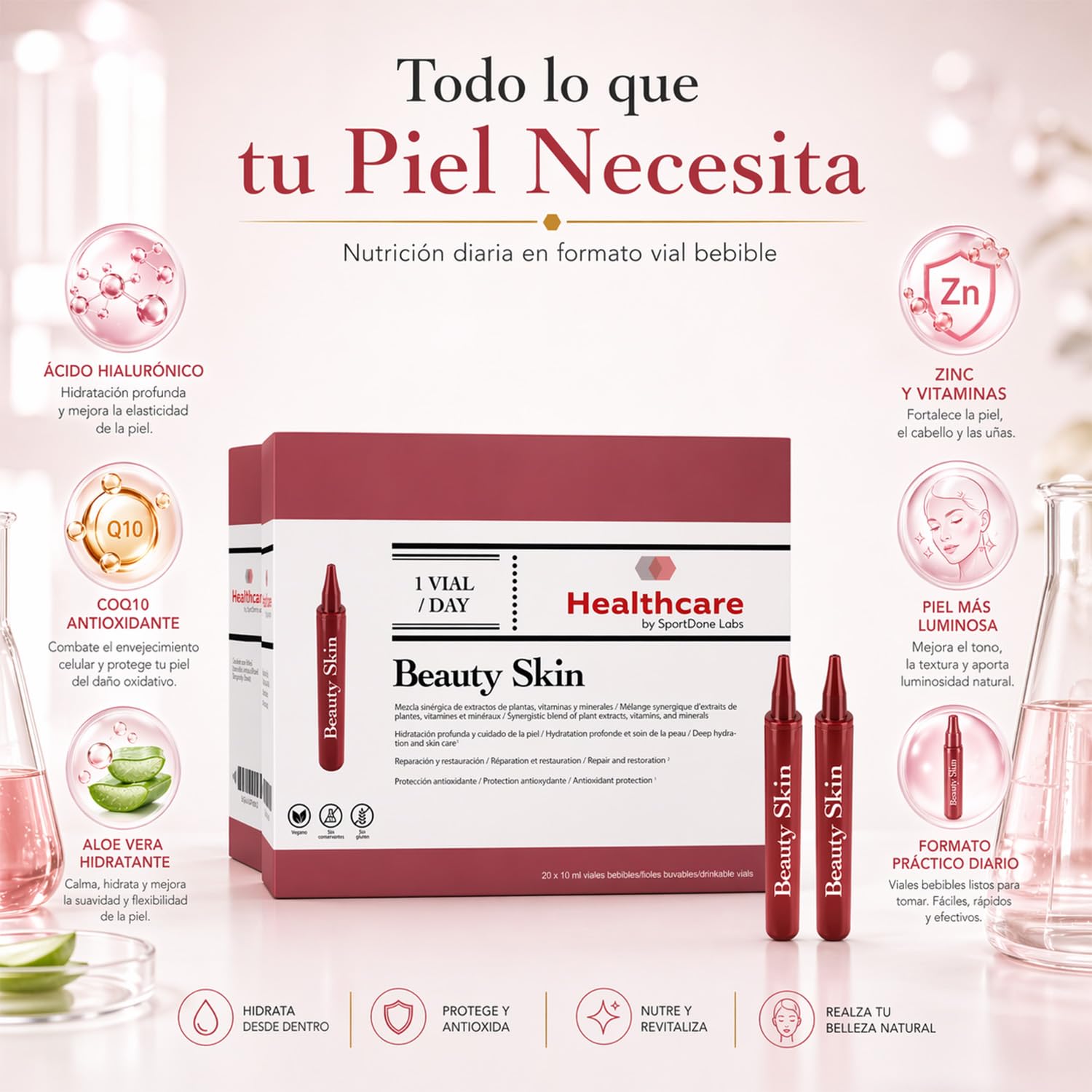 Complemento Alimenticio Piel Radiante – Hidratación, Ácido Hialurónico, Aloe Vera, Hibisco y Coenzima Q10 – 2 Packs de 20 Viales Bebibles de 10ml para Piel Más Firme, Hidratada y Luminoso (40 x 10ml)