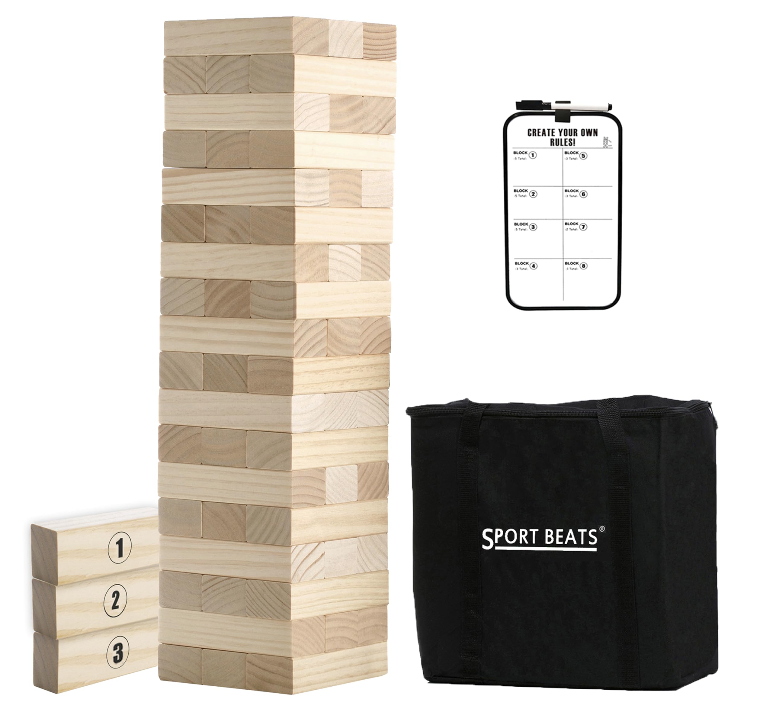 SPORT BEATS Large Tower Game Jenge Stacker Wooden Stacking Games Lawn Outdoor Games for Adults and Family - Includes Rules and Carry Bag-54 Large Blocks