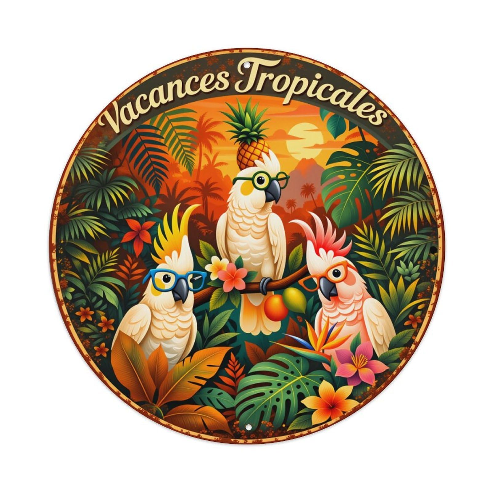 Tropical Birds Palm Leaves Sunset Flowers Vintage Metal Tin Sign Retro Wall Decor for Home Bar Garage Cafe, Indoor & Outdoor Decorative，circle Metal Poster, 8x8 Inch