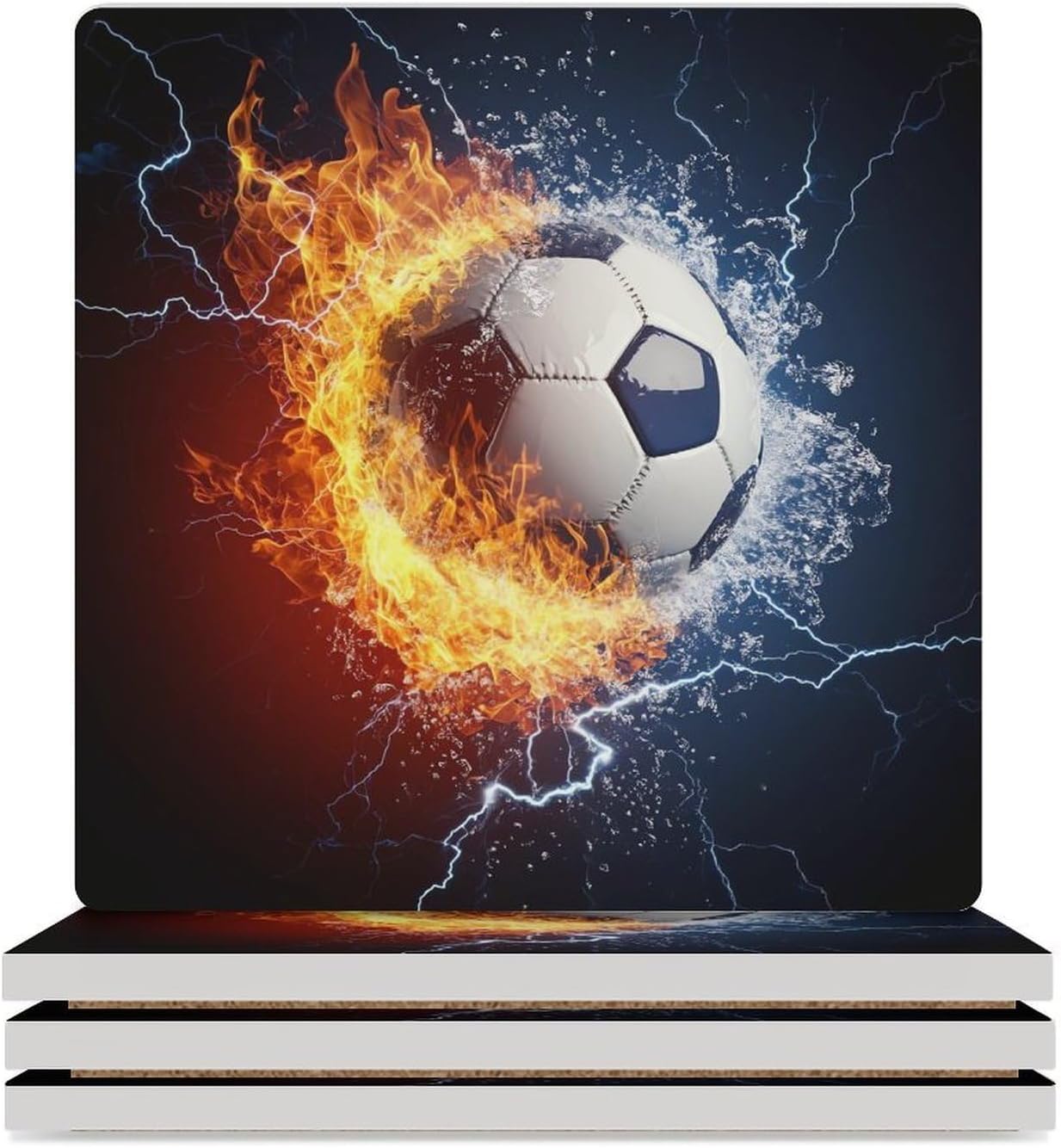 Cool Soccer Ball Ceramic Coasters Set Square Drink Coasters Table Coaster for Kitchen Desktop Decor