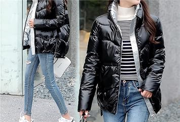 Women's Puffer Jacket Plain Winter Jacket Warm Stand Collar Transition Jacket Shiny Down Jacket Short Cut Padded Quilted Jacket