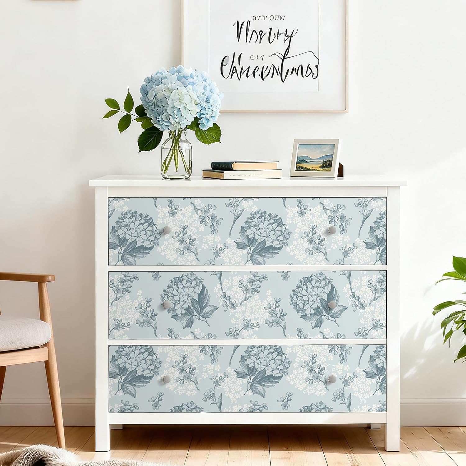 FunStick Ash Blue Floral Wallpaper Peel and Stick Vintage Cottage Core Hydrangea Flower Wallpaper Blue and White Floral Contact Paper Removable Botanical Wall Paper for Bathroom Bedroom Walls Cabinets