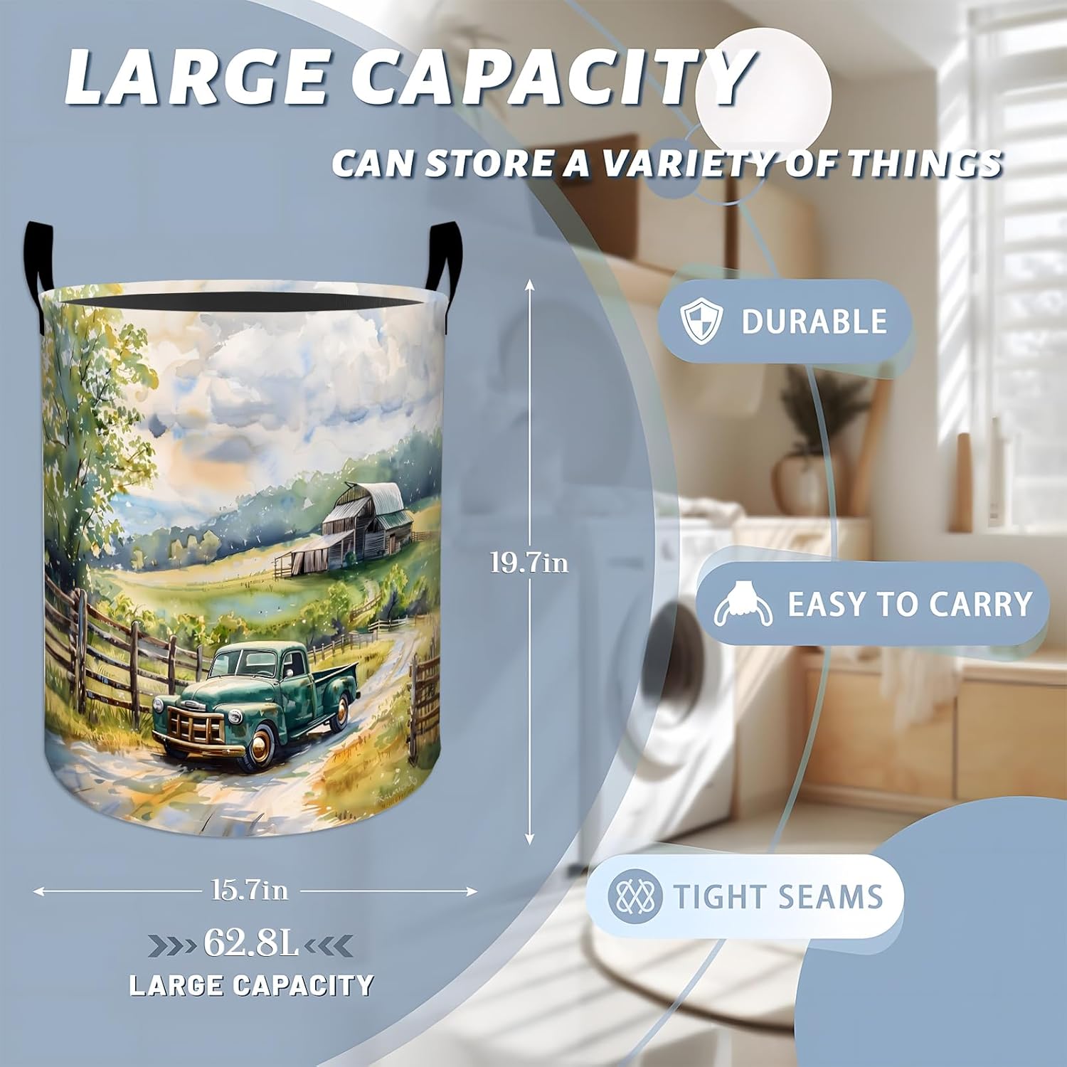 Vintage Green Pickup Truck on Country Road Laundry Basket with Handles, 19.7"x15.7" Clothes Foldable Laundry Hamper Organizer for Dorm Nursery Bedroom Bathroom Decor, Toy Storage Bin for Kids