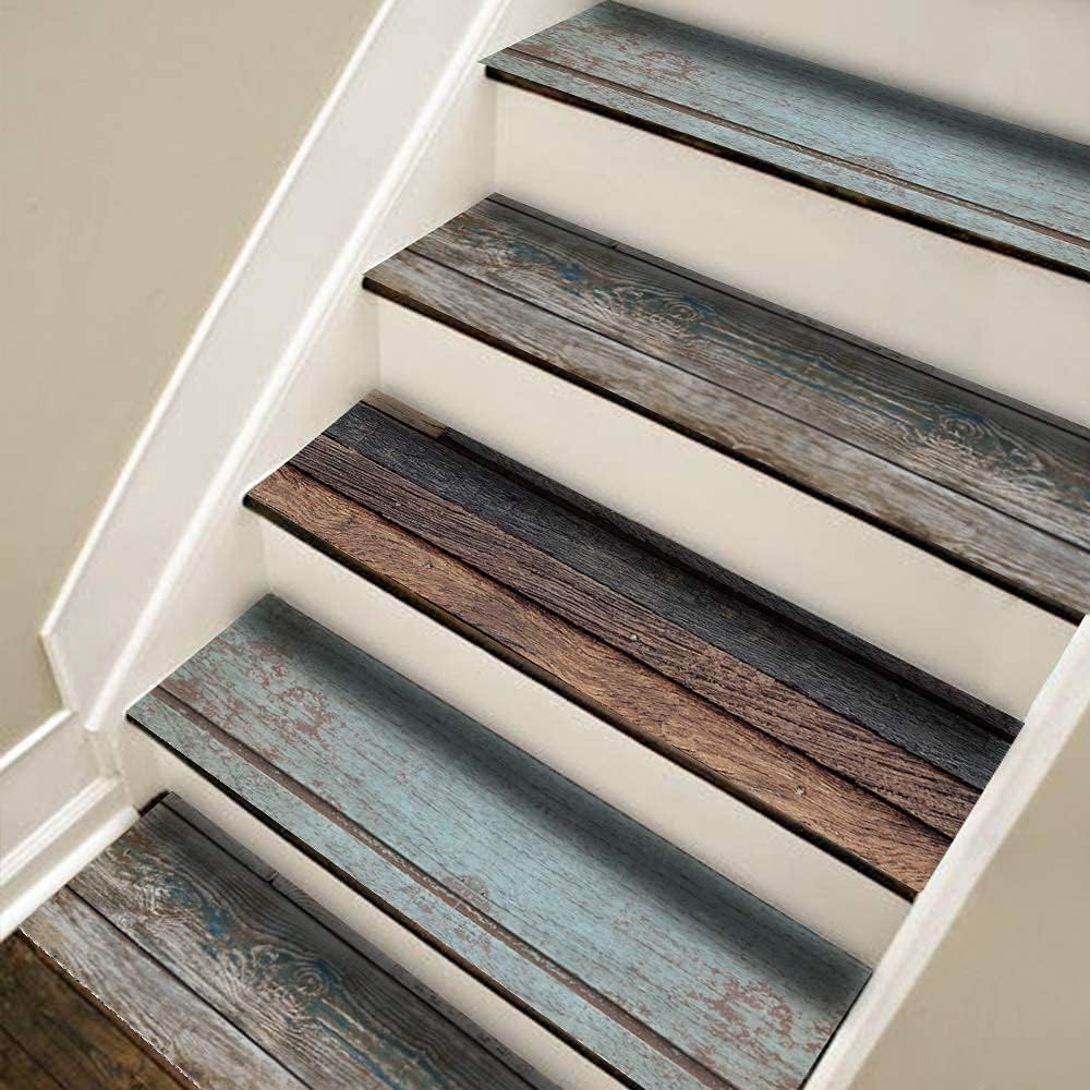funlife 14 PCS Self Adhesive Stair Stickers, Peel and Stick Vinyl Stair Risers Staircase Murals Decals Sticker Decor for Steps, 39.37"x7.09", Faux Weathered Retro Wood