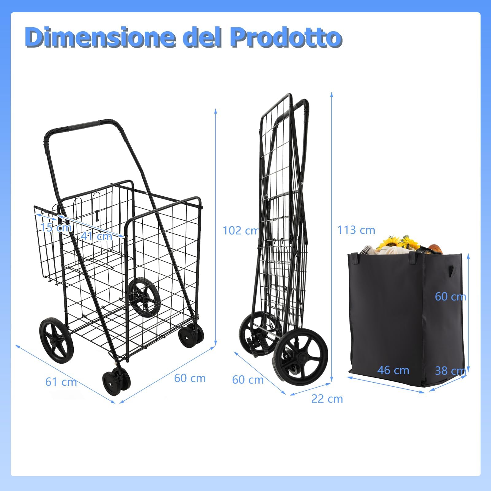 GYMAX Carrello Porta Spesa con Borsa, Carico 40 kg, 100 L + 22 L, 4 Ruote (2 Ruote Universali), Trolley Pieghevole in Metallo, 61 x 60 x 102 cm, Nero