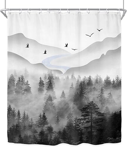 Miniatura 8 de Riyidecor Cortina de ducha Misty Rainforest para decoración de baño, 72 pulgadas de ancho x 72 pulgadas de alto, negro oscuro, gris, hombre,