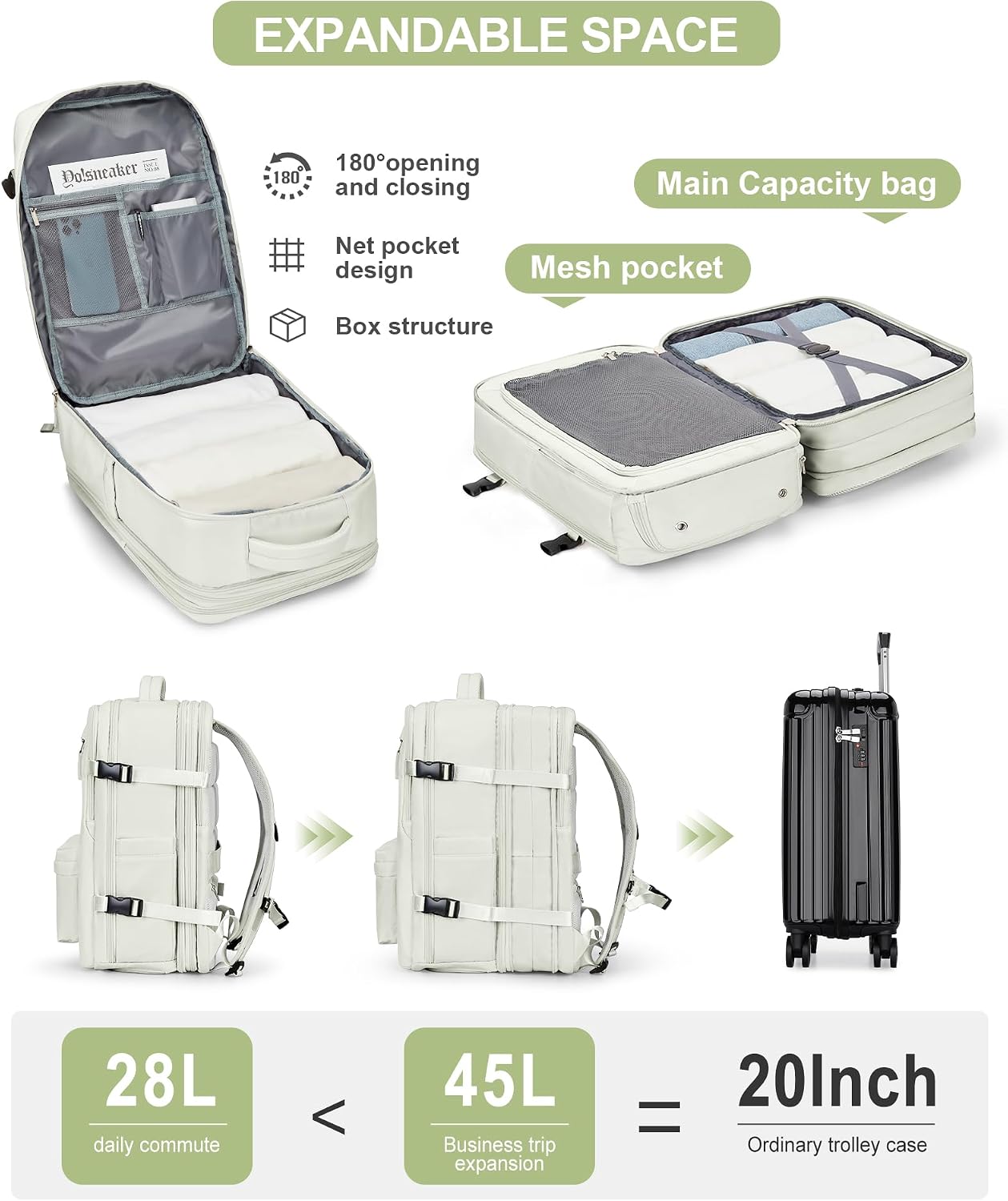 WONHOX Mochila de viagem grande para laptop expansível aprovada por voos mochila de mão para mulheres, A11-off-white, Expandable, Viagens