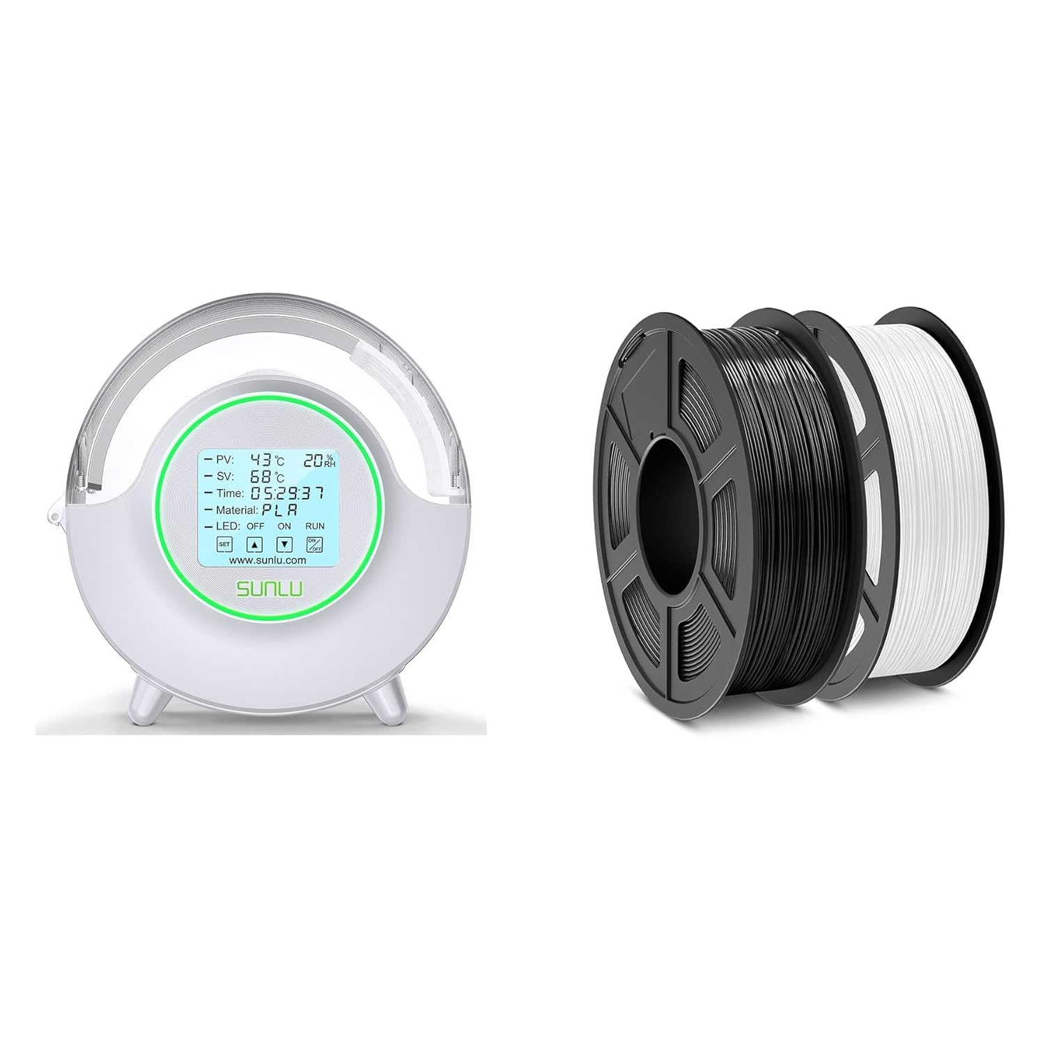 SUNLU 3D Printer Filament Dryer S2 White and ABS Filament 1.75mm 2KG, Black+White