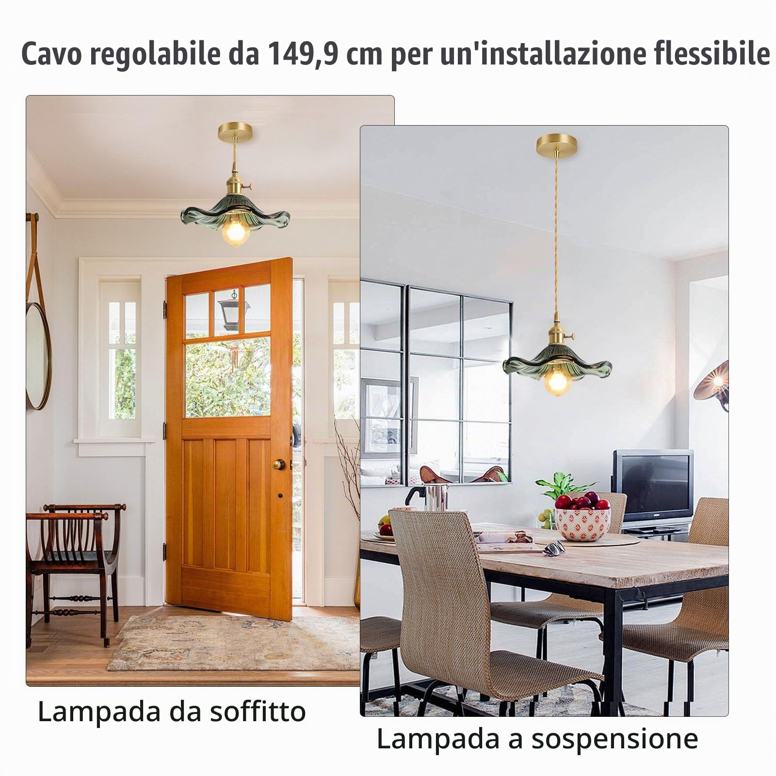 EKSED Lampada a sospensione in vetro verde Presa in ottone dorato con interruttore Lampada a sospensione Plafoniera per isola cucina