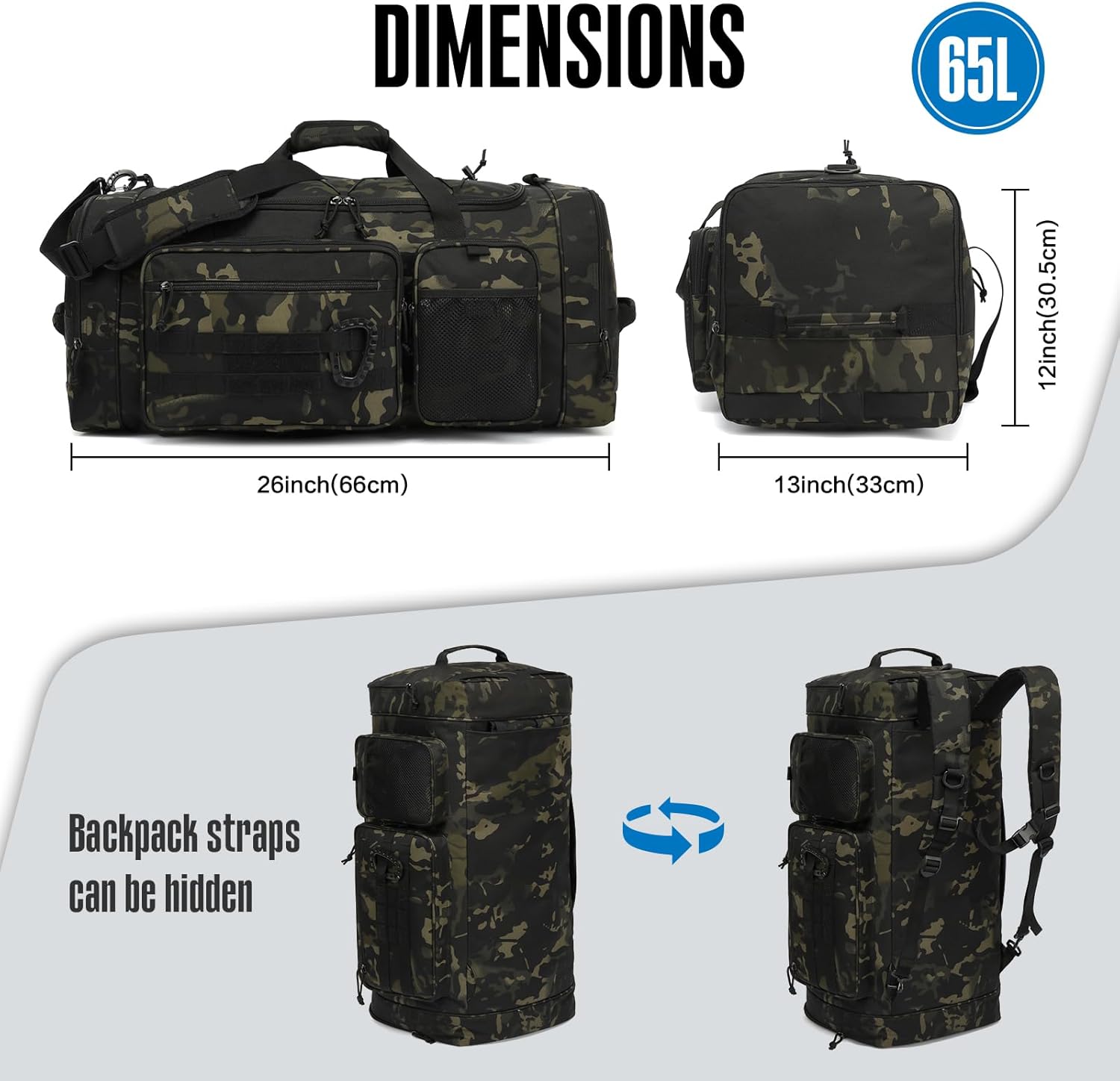 TUGUAN Large Baseball Softball Duffle Bag, 3 in 1 Baseball Equipment Duffel Backpack for Adult Youth, 65L Bat Bag with Shoes Compartment - 2 Bat Sleeves Fence Hook Hidden Dual Straps