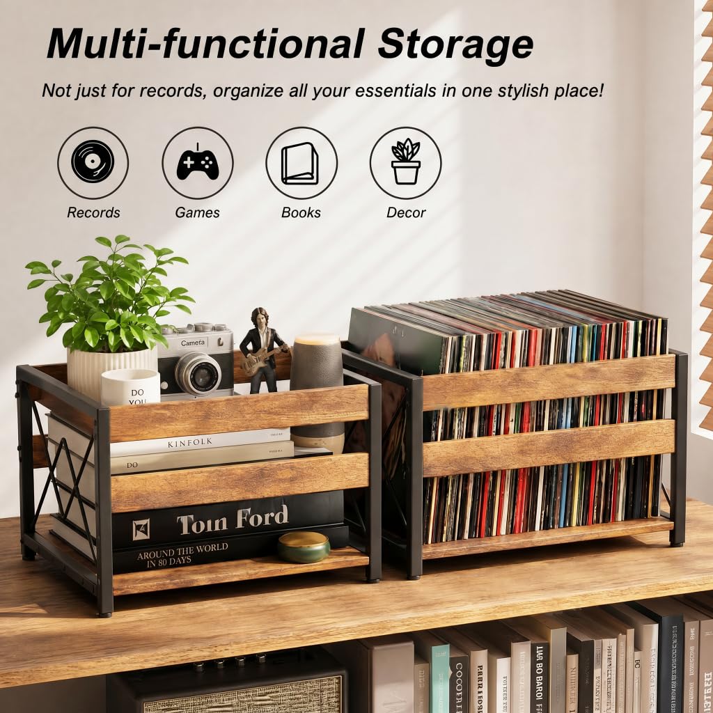 HFHOME Cassetta portaoggetti per dischi in vinile, scatola portaoggetti in legno, cubo classico, per CD, album, può contenere fino a 100 dischi e riviste, per scrivania, casa, ufficio