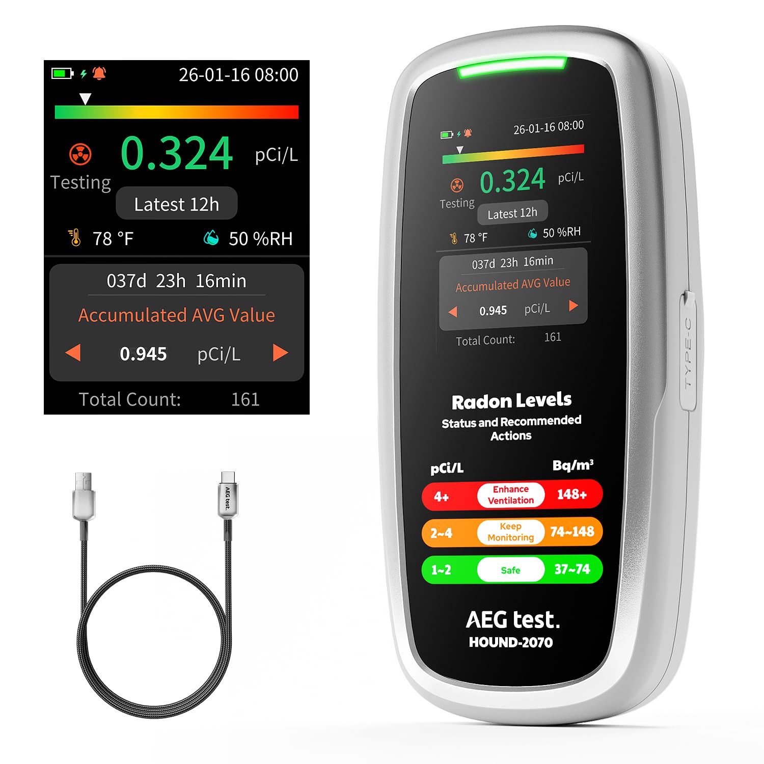 HOUND-2070 Detector de Radón para Hogar, Pantalla de Temperatura y Humedad, 504 Días de Almacenamiento de Datos, Recargable, Analizador de Radón 3-en-1 Portátil para Sótano, pCi/L o Bq/m³