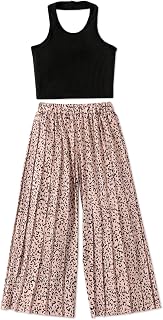 Girl's Summer Fashion Outfits Sleeveless Halter Tank Top High Waist Leopard Print Pleated Wide-leg Pant Sets