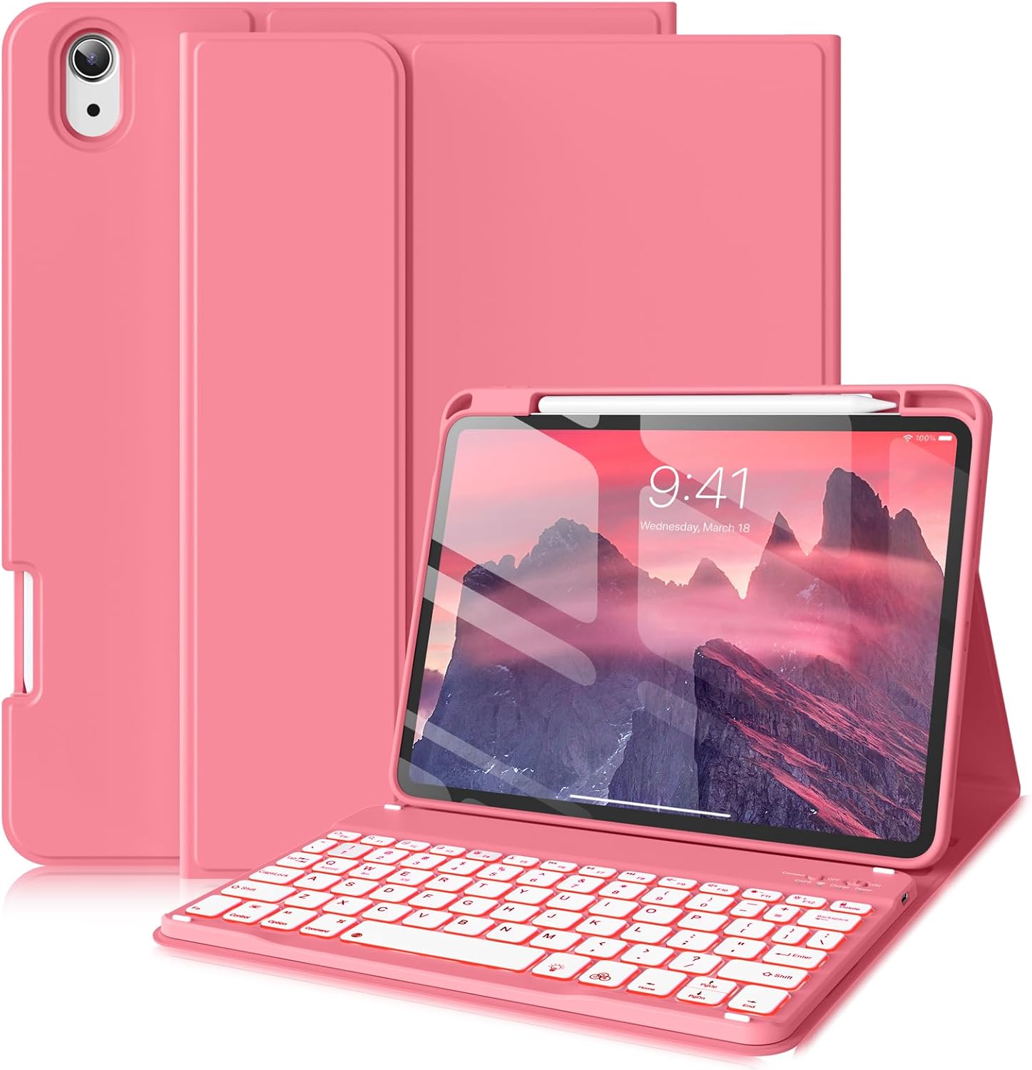 for iPad (A16) 11th 10th Generation Case with Keyboard - 7 Colors Backlit Wireless Detachable Folio Keyboard Cover with Pencil Holder for iPad 11/10.9 inch 2025/2022 (Pink)
