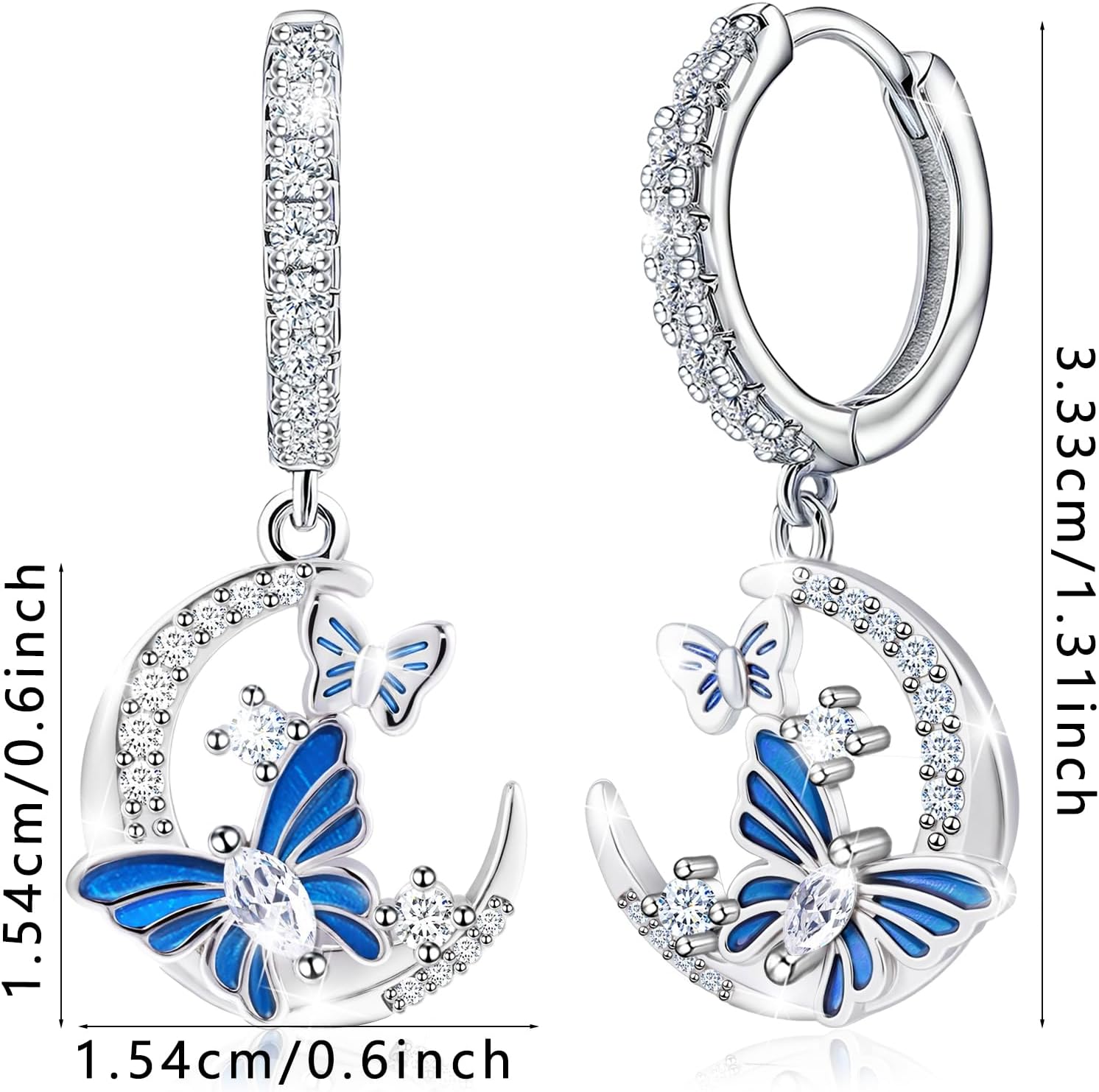 CZ Moon and Butterfly Earrings for Women S925 Sterling Silver Enamel Blue Butterfly Animal Dangle Hoop Earrings Moon Jewelry Birthday Anniversary Valentines Gifts for Wife Girlfriend Mom - Image 6