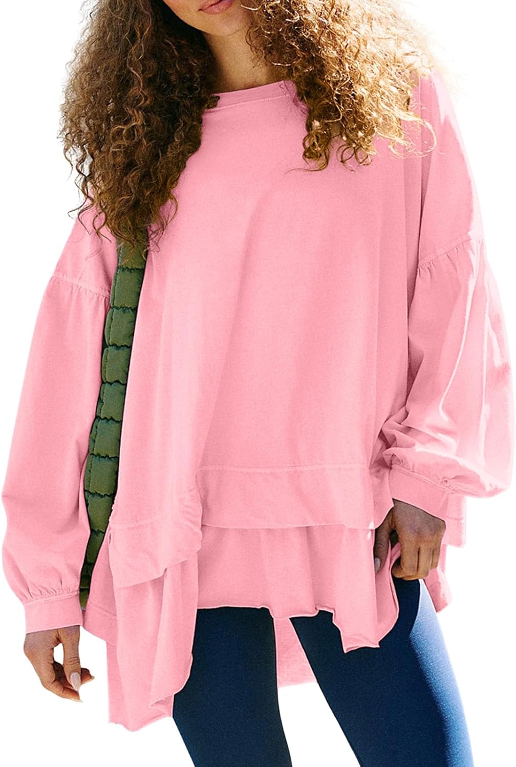 Womens Long Sleeve Oversized Tshirts Flowy Peplum Top Loose Fit Tunics Tops to Wear With Leggings Workout Babydoll Shirts M Pink