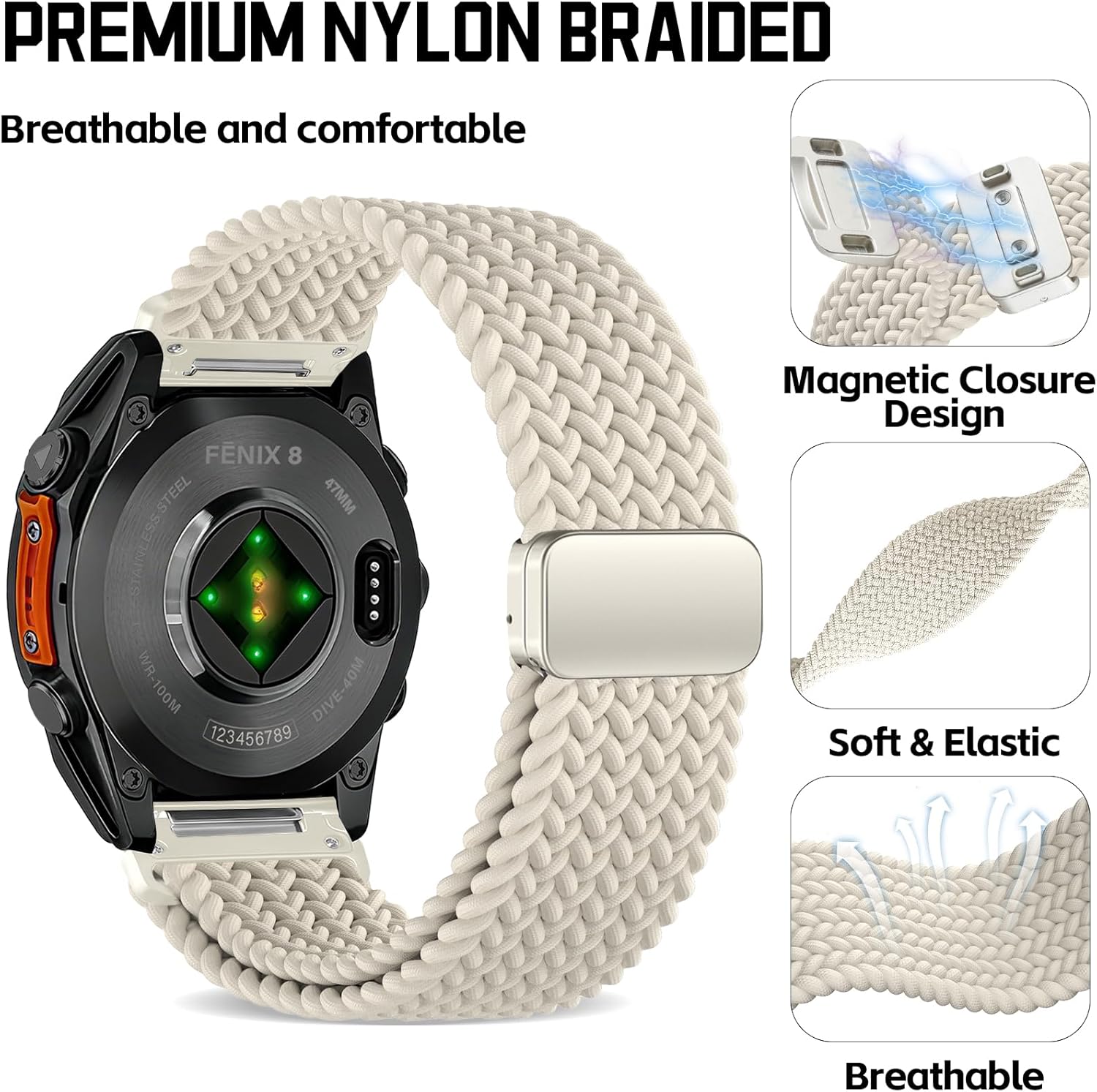 Laband QuickFit 22mm Braided Magnetic Compatible with Garmin Fenix 8 47mm Band/7/7 Pro/6 Pro/6/5/5 Plus,Soft Loop Stretchy Nylon Replacement Strap for Forerunner 965/955/Approach S62/Instinct 3 45mm - Image 2