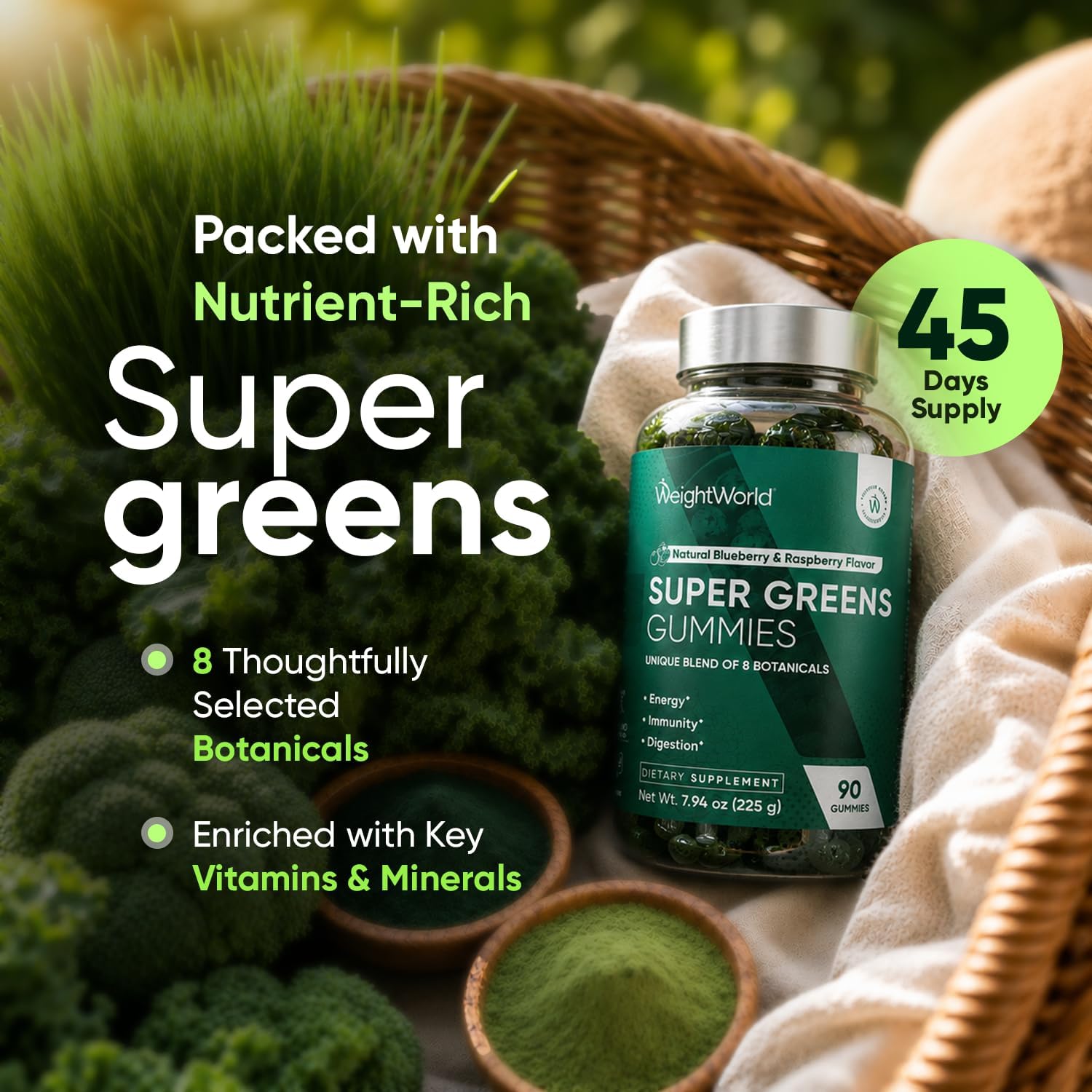 WeightWorld Super Greens Gummies - Energy, Immunity, Gut & Digestive Health - 45-Day Supply - Daily Greens Supplements - Moringa, Broccoli, Spinach + Vitamins & Minerals - 90 Vegan Superfood Gummies