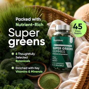 WeightWorld Super Greens Gummies - Moringa, Broccoli, Spinach, Artichoke, Chlorella - Added Vitamins & Minerals - 45-Day Supply - Energy, Immunity, Digestion & Gut Health with Daily Greens Supplements