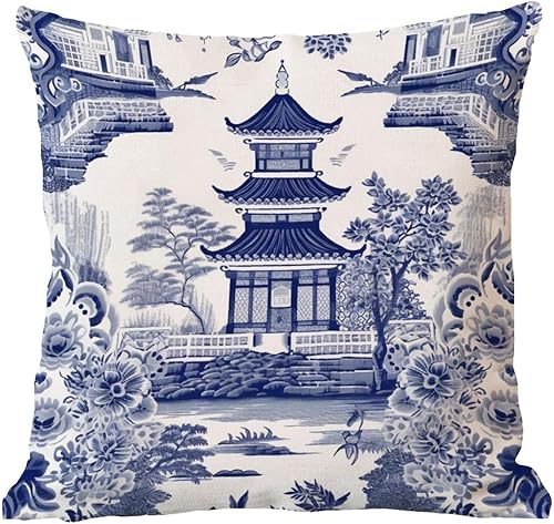 Miniatura 6 de Funda de almohada europea de pagoda chinoiserie, funda de almohada inspirada en Asia, funda de cojín azul y blanca de 18 x 18 pulgadas, funda de