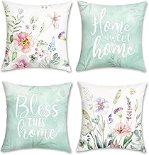 Bonhause Set of 4 Cushion Covers, Watercolour Flowers, 45 x 45 cm, Spring Pink Flowers, Turquoise, Decorative Cushion Covers for Sofa, Home, Garden, Decoration, Home, Sweet Home