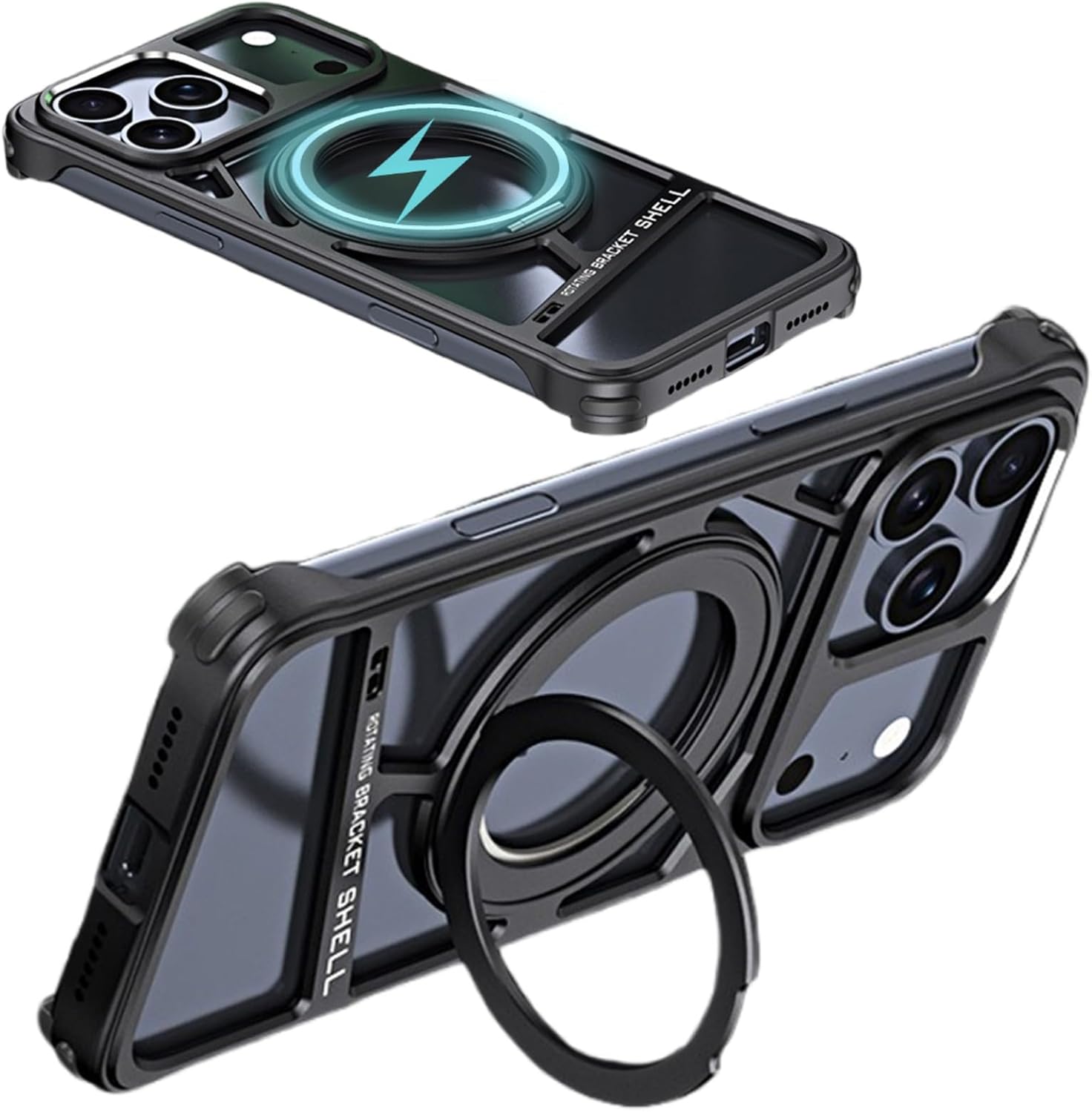 Case for iPhone 17 Pro Max, Aluminum Frameless with 360 Rotating Ring Stand, Compatible with MagSafe, Heat Dissipation Shockproof Corners, Black