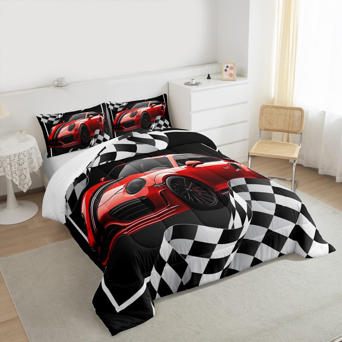 Red Race Car Comforter Set Queen Size, Black White Plaids Geometric Bedding Set 3pcs for Kids Teens Boys Men Room Decor,Extreme Sports Games Racing Flags Quilt Set,2 Pillowcases