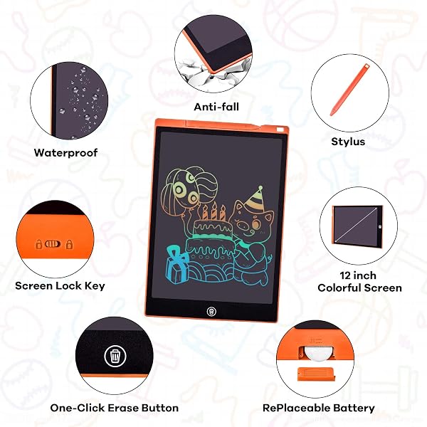 Tableta de Escritura Color Lcd 12 Pulgadas, Tablet Escritura Pantalla Colorido Infantil, Tableta Grafica Dibujo Niños Adecuada Para el Hogar, Escuela, Oficina, Cuaderno de Notas con Fundas (Orange) - 4